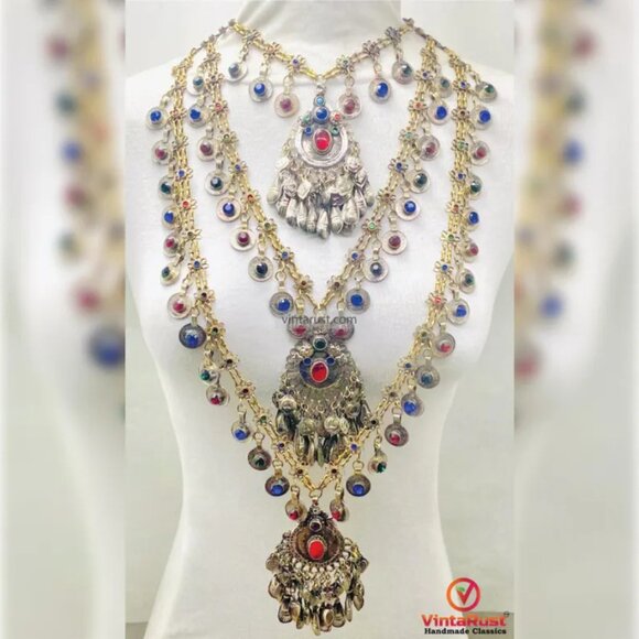 Long Layered Tribal Necklace with Coins & Stones: Boho Afghan Kuchi Necklace - Picture 1 of 8